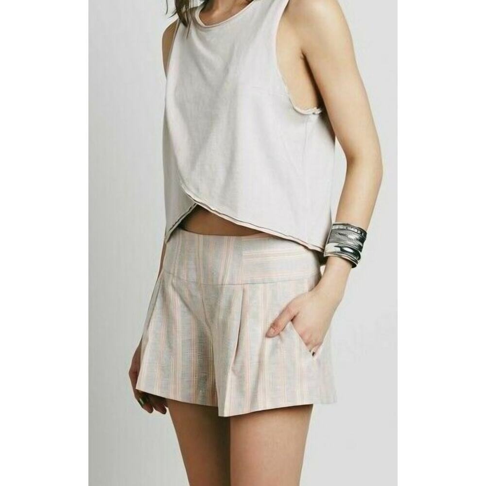 Free‎ People High Waisted Striped Pleated Shorts Beige Orange Boho Summer XS